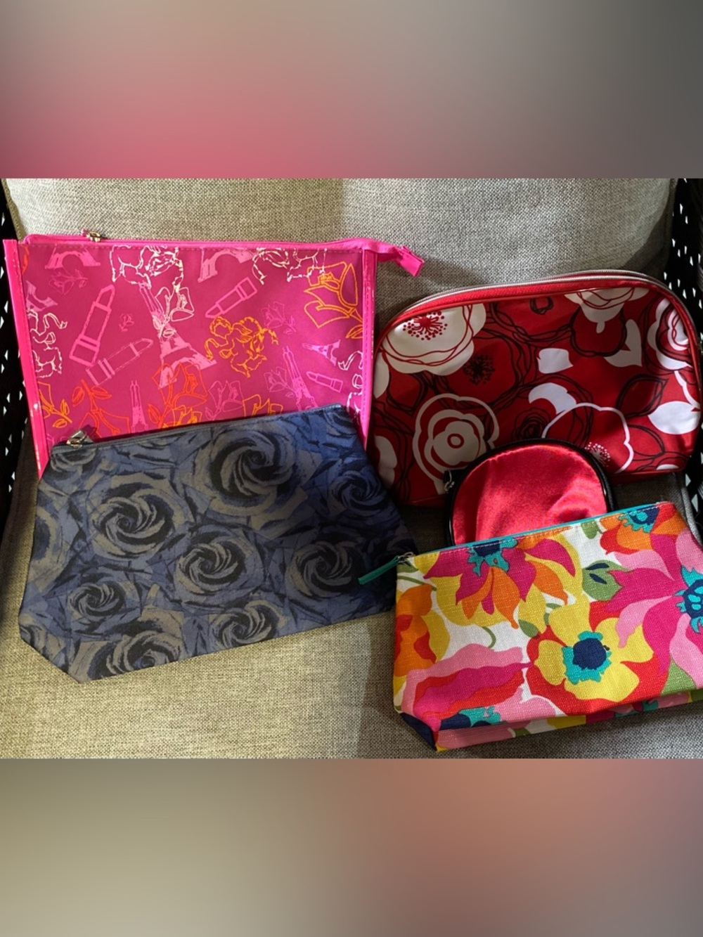 Four Colorful Floral & Patterned Cosmetic Pouch Set - Bright Multicolor